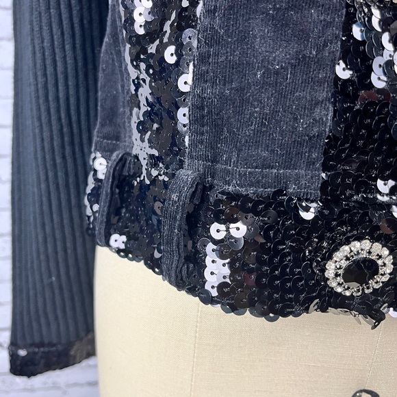 berek | black denim sequin jean jacket with knitted back petite size: MP - Picture 11 of 14